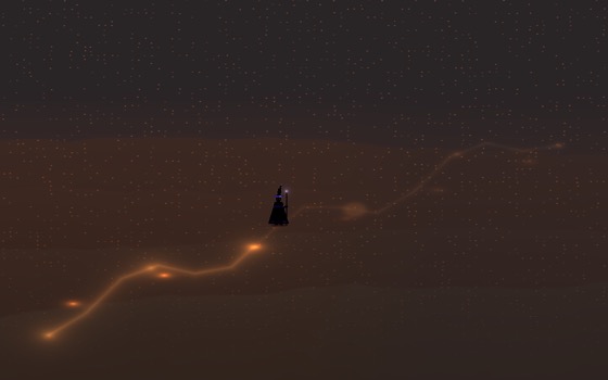 A traveler on a lit road across dark hills