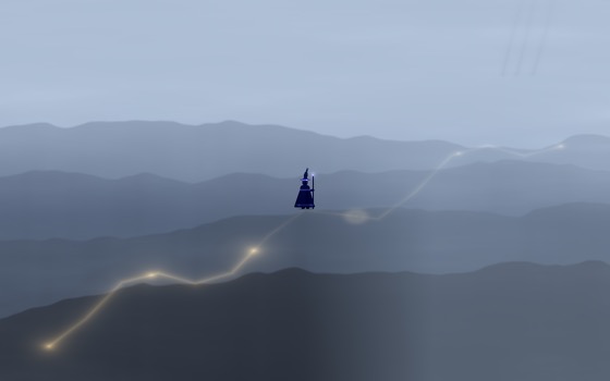 A robed traveler climbing a misty ridge